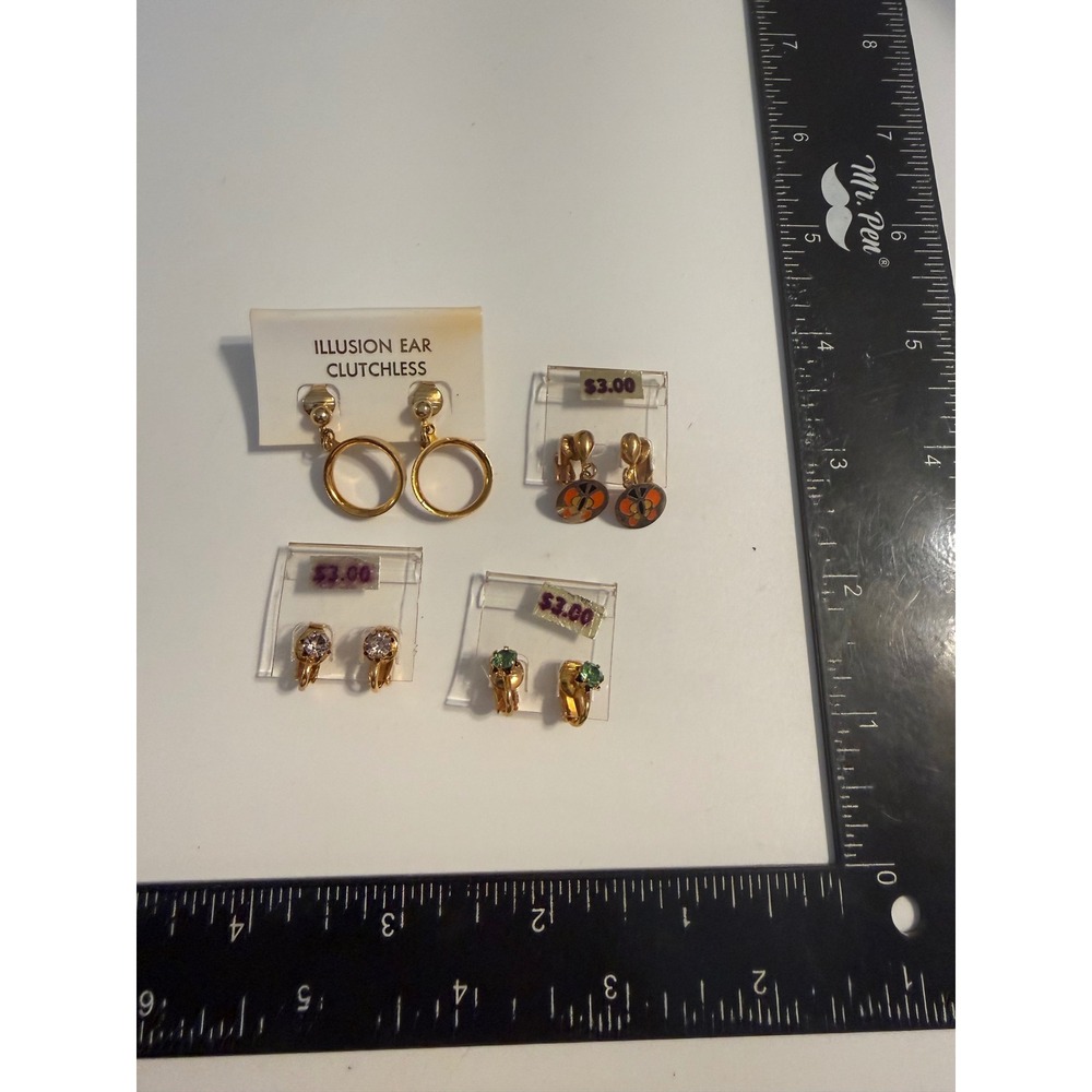 Vintage Clip On Earring Lot 4 Pairs Gold Tone Enamel Butterfly Rhinestone Hoop